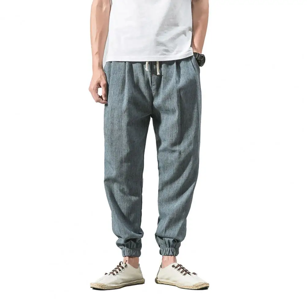 

Summer Men Pants Solid Color Drawstring Breathable Loose Mid Rise Pockets Trousers Drawstring Pockets Men Pants Streetwear