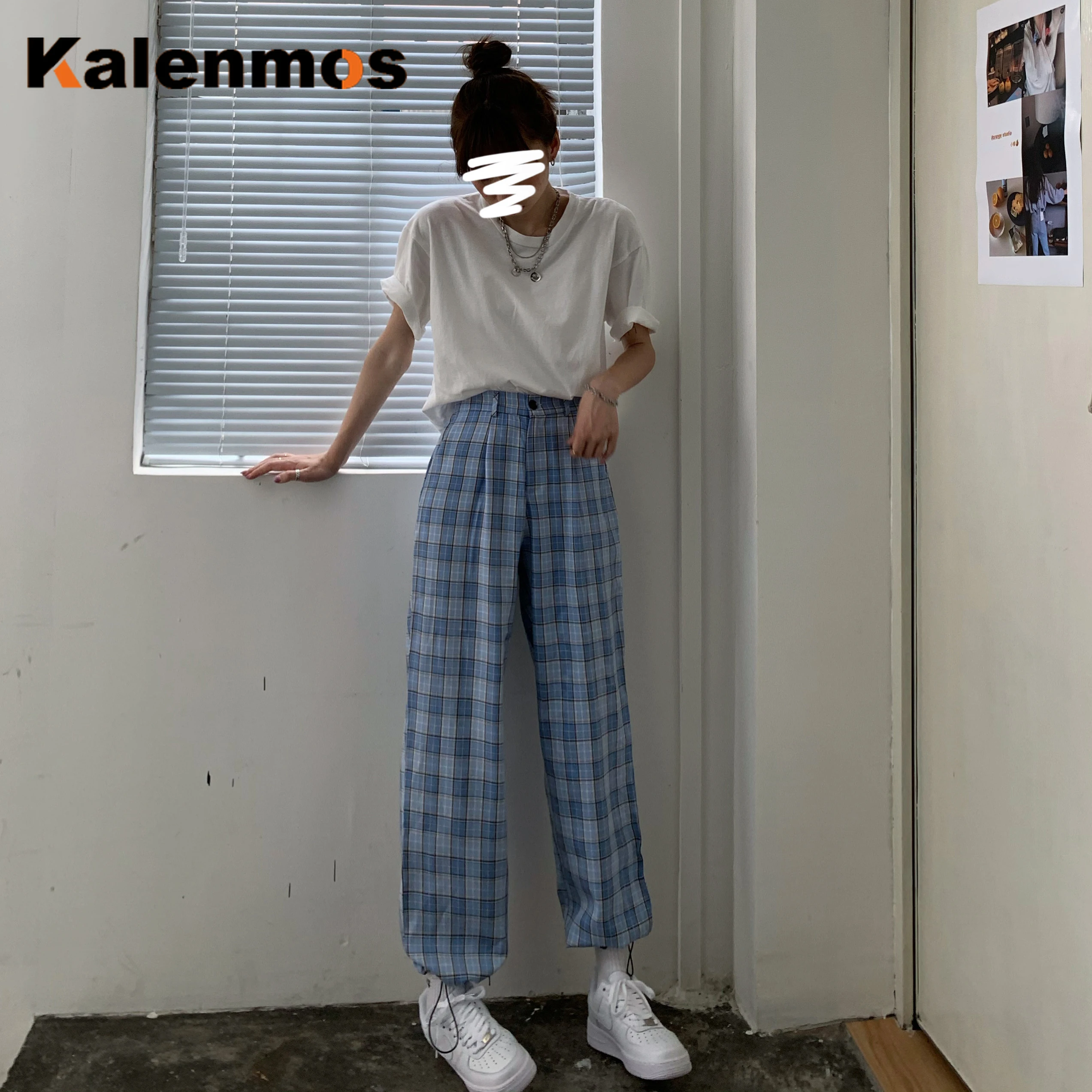 Тренировочный костюм брюки Харадзюку женские зеленые клетчатые KALENMOS прямые с
