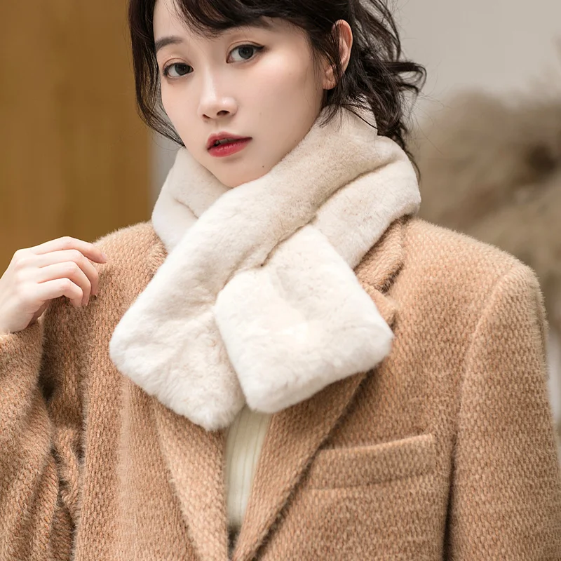 

Besfilin Natural Real Rex Rabbit Fur Scarf Thickened Double-Sided Women's in Autumn and Winter Bib to Keep Warm Solid Color