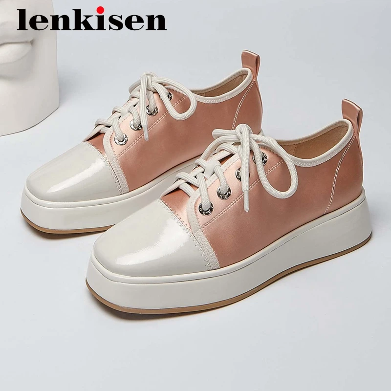 

Lenkisen sports style real cow leather mixed colors flats platform square toe lace up high quality preppy vulcanized shoes L65
