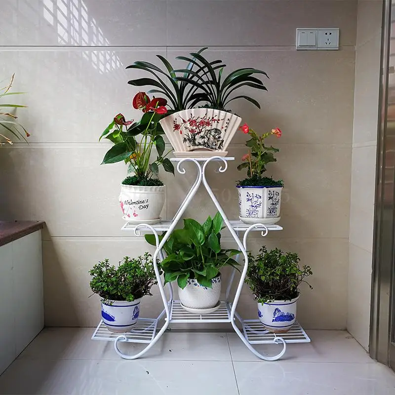 

New wrought iron flower stand European solid wood green living room decoration floor-standing balcony potted shelf Promotion