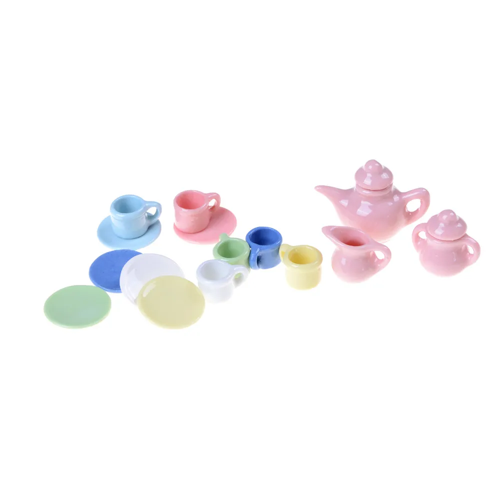 

15Pcs 1:12 Doll House Tableware Porcelain Miniature Tea Sets Mini Teapot Coffee Plate Miniature Tea Cups Set China Dining Ware
