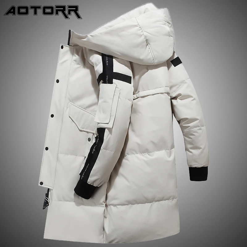 

Мужская длинная парка с капюшоном, черная утепленная куртка на белом утином пуху, Классическая ветрозащитная парка с карманами, зима 2021