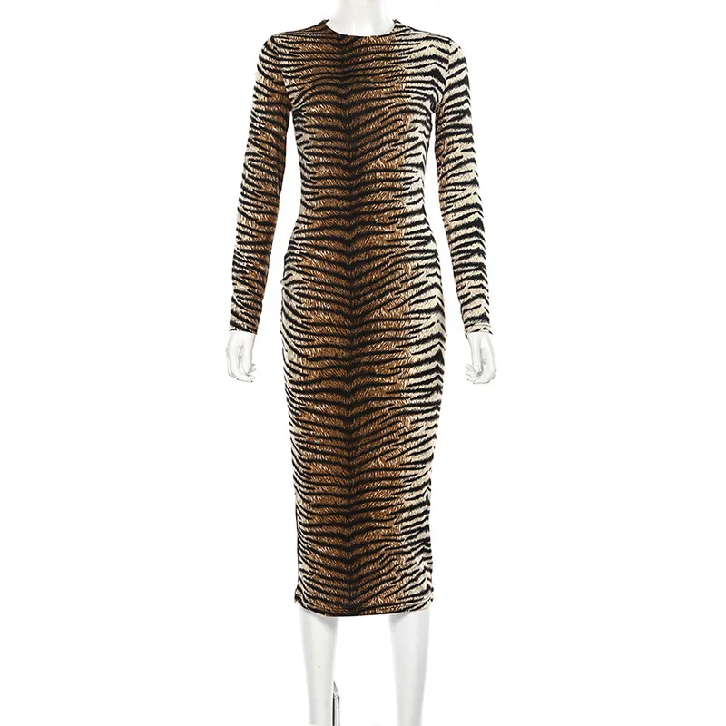 Элегантное платье с длинным рукавом и животным принтом Осеннее женское