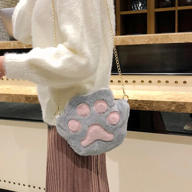 Women Fur Shoulder Bag Cute Plush Cat Paw Bags Mobile Phone Cute Fluffy Bag Contrasting Color Messenger Bag Wallet сумка кошка