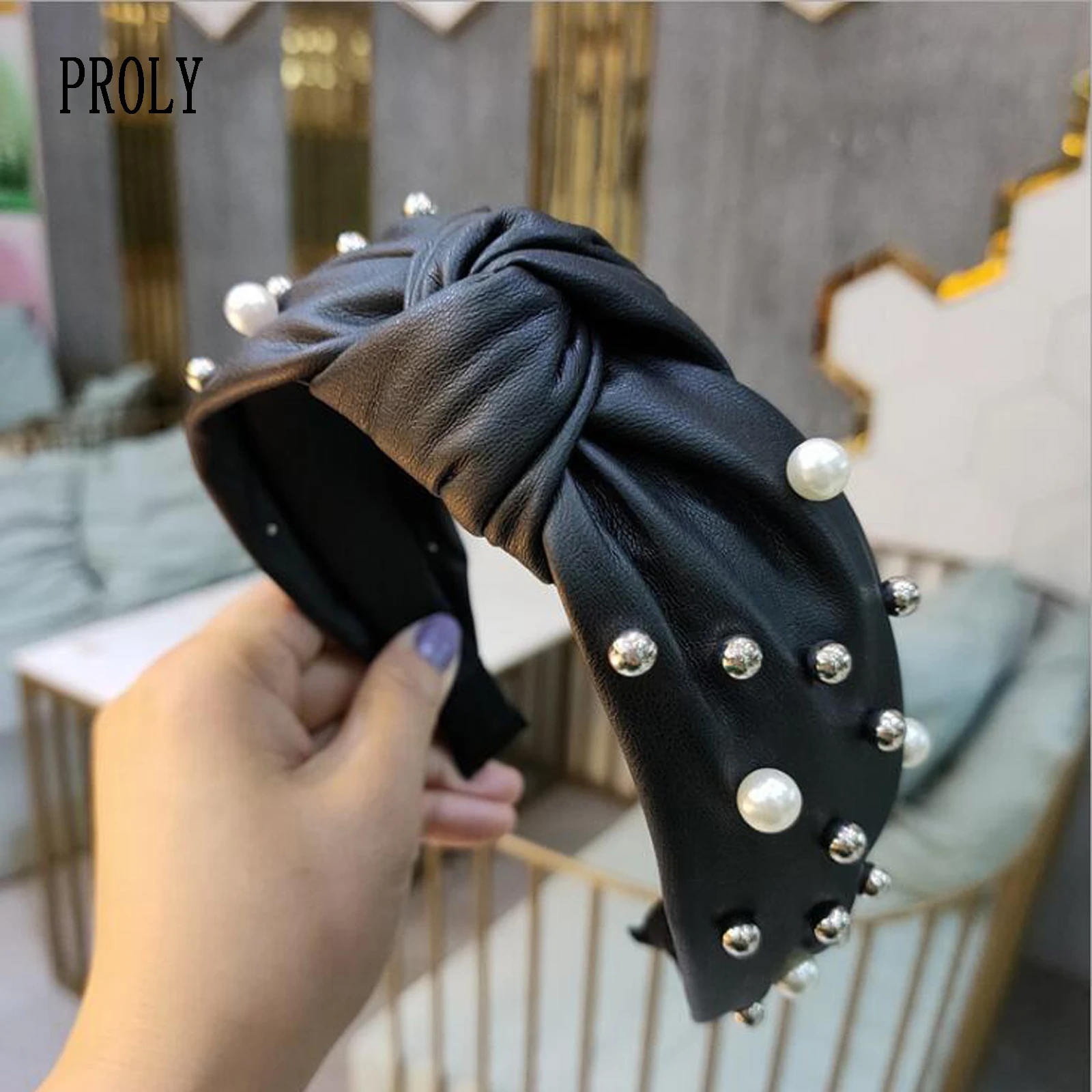 

PROLY New Fashion PU Hairband For Women Wide Side Mixing Pearls Headband Artificial leather Leather Headwear Hair Accessories