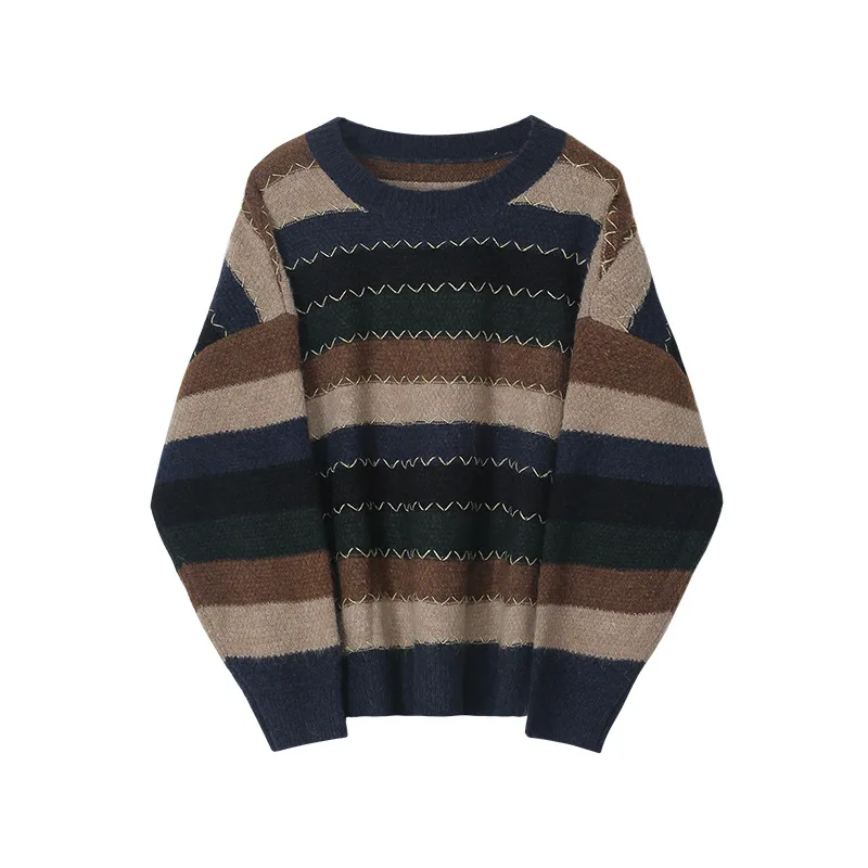 

Contrast Color Stripe Sweaters Autumn Winter O-neck Korean Tops Lazy Long Sleeve Knit Sweater Women Outerwear T3234