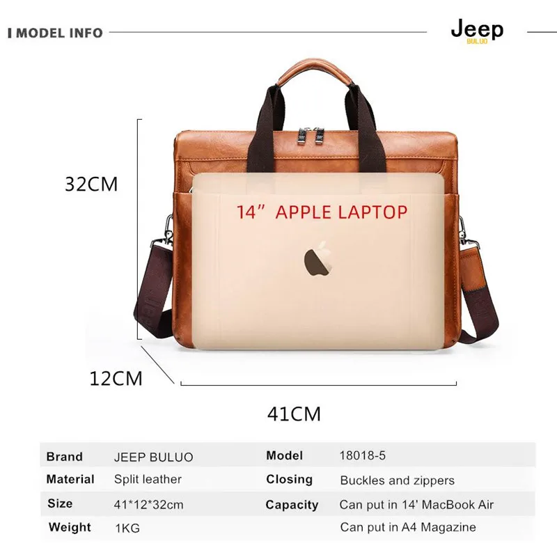 JEEP BULUO Men's Briefcase Leather Laptop Bag For A4 Bag Men's Leather Bag Briefcase Handbag Business Office Bag For Men