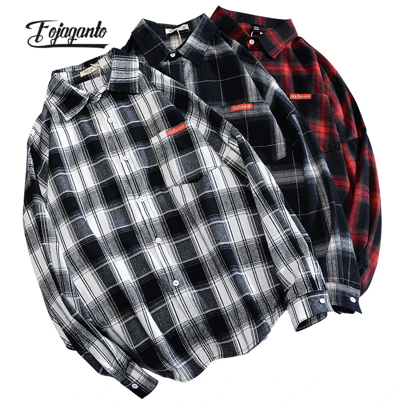 

Мужская рубашка в клетку FOJAGANTO, весна и лето, корейский тренд, куртка с длинным рукавом, Повседневная свободная Мужская дикая рубашка
