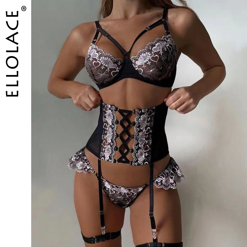 

Ellolace Sensual Lingerie Woman Erotic Women's Underwear Fancy Bra with Bones Brief Sets Bandage Waistband Sexy Bilizna Set