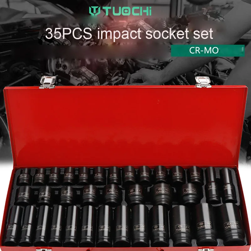 

1/2" Drive 35PCS Deep Duty Impact Sockets CR-MO Air Pneumatic Socket Wrench Head 6 Point Short &Long Car Repair Tools with Case