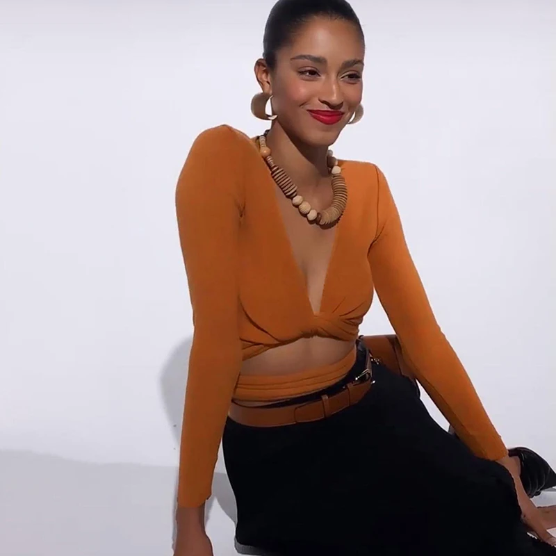 WannaThis Twist открытые бандажные Футболки с длинным рукавом v-образным вырезом