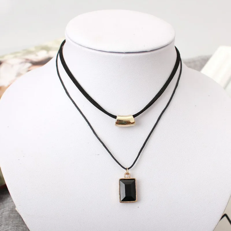 

Fashion Double Layered Chain Necklaces Black Gold Square Stone Pendant Choker Necklace Women Collar Jewelry Collier Femme
