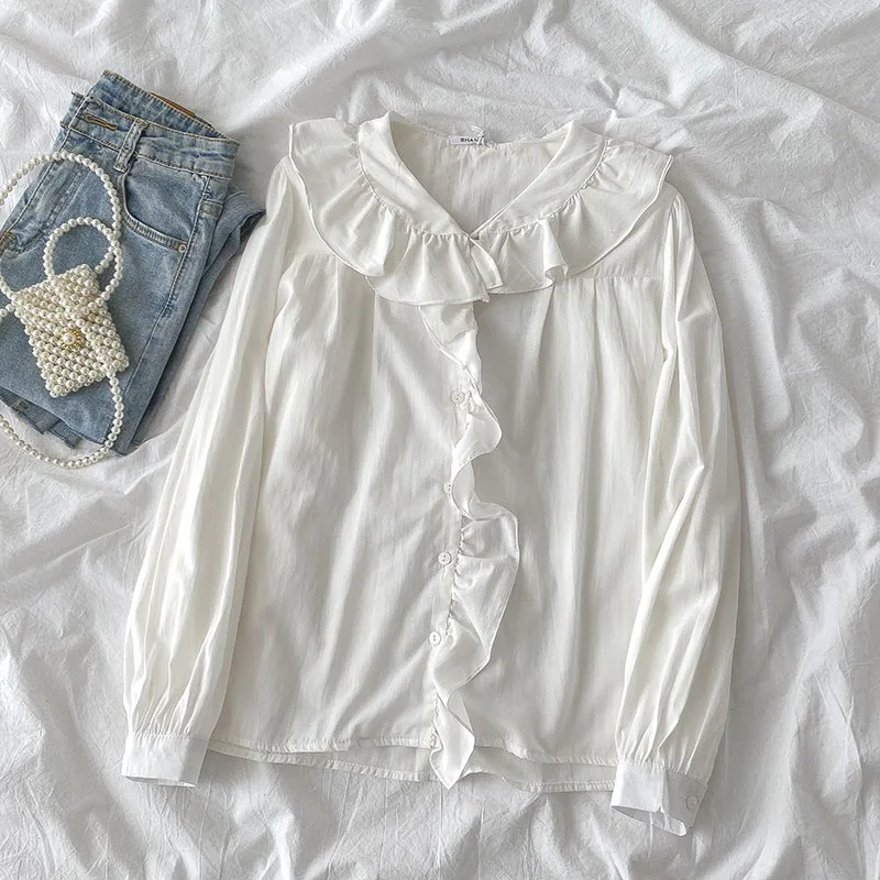 

Kimutomo Elegant Gentle Solid Blouse Women 2021 Spring New Clothing Female Peter Pan Collar Single Breasted Chic Shirt Casual