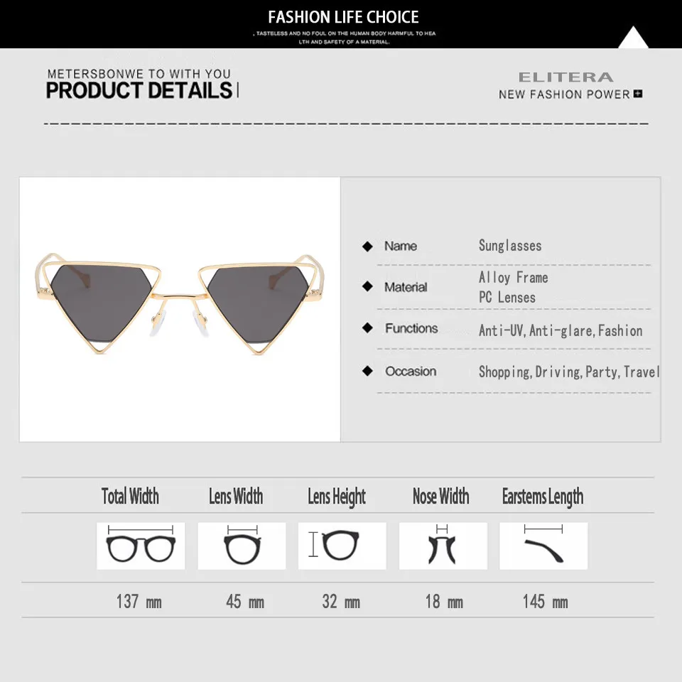 

ELITERA Brand Triangle Cat Eye Sunglasses Women Punk Hollow Glasses Small Metal Frame Eyeglasses Party Travel gafas de sol mujer