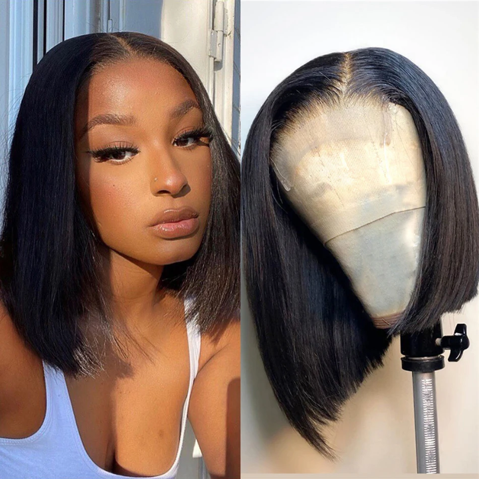 Парик из натуральных бразильских волос прямые короткие волосы боб 4x4 парики