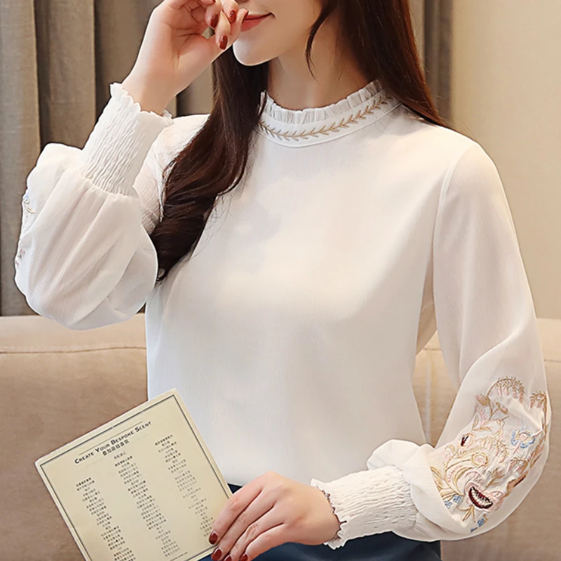 

Womens Tops And Blouses Long Sleeve Women Shirts White Blouse Fashion Blouses Woman 2021 Floral Embroidery Chiffon Blouse