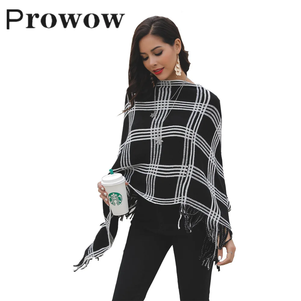 

Prowow Autumn Winter Women Fashion Plaid Shawl Cape Sweater Female Casual Loose Streetwear Batwing Sleeve Knitted Pullover Tops