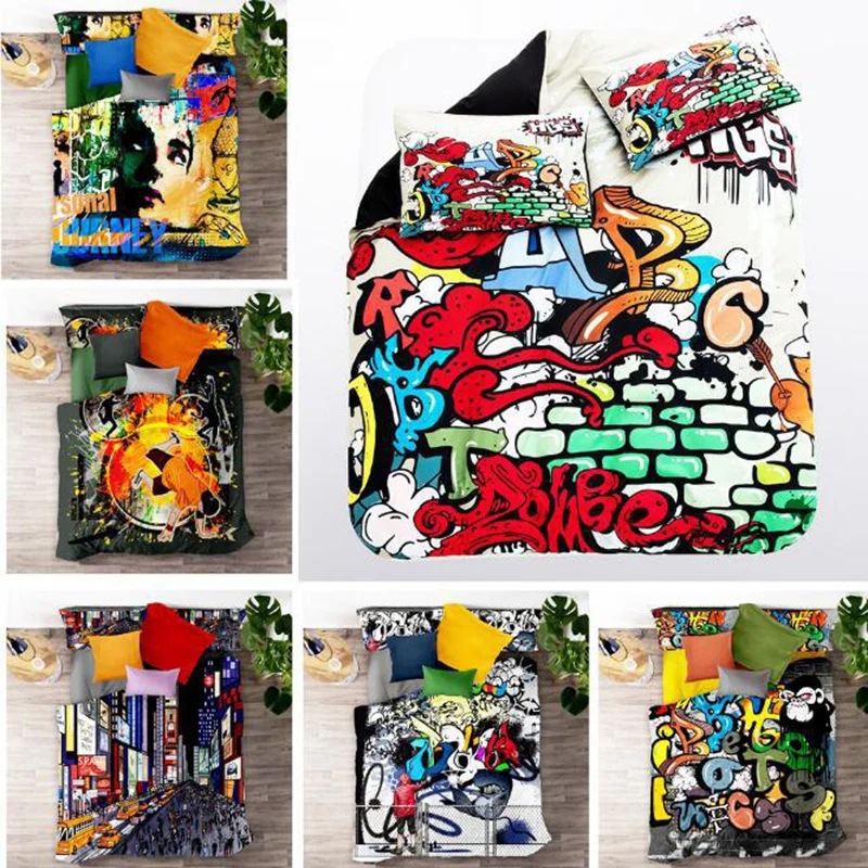 

3D Hip-Hop Graffiti Bedding Set Children Room Decoration Duvet Covers and Pillowcases 3pcs full size bedding sets Home textiles