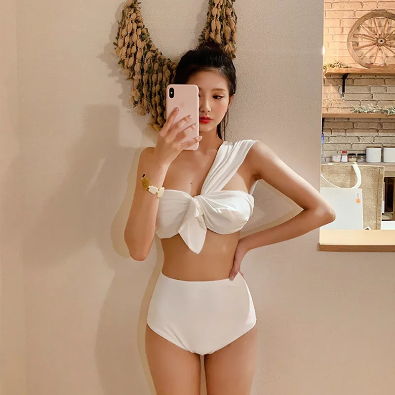 

New bikini slanting shoulders, small breasts, high waist, thin belly, split swimsuit, female hot spring vacation swimsuit, Asian