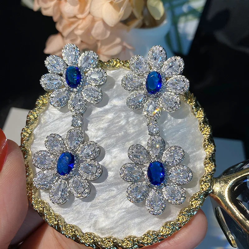 

European Style Micro Zircon Set Flower Earrings S925 Silver Needle Crystal Eardrop for Wedding Banquet