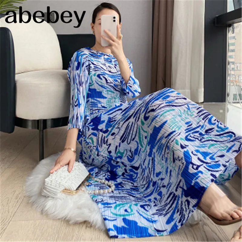

pleated dress 2021 spring and summer new O-neck printed dress fashion slim long dress three-quarter sleeve dress female