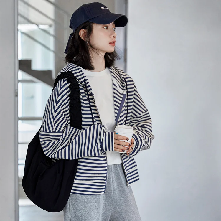 

Striped Hoodie Coat Female 2021 Korean Rac