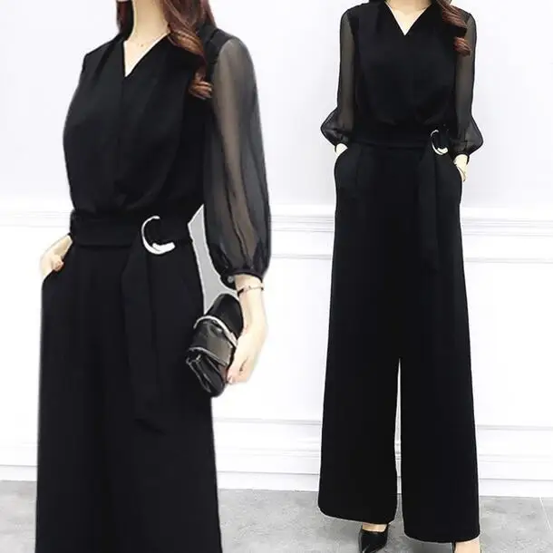 2020 летние женские шифоновые Комбинезоны с v образным вырезом элегантные черные
