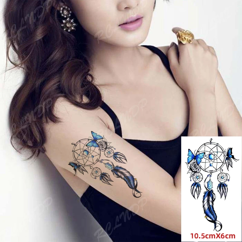 

Waterproof Temporary Tattoo Sticker Dreamcatcher Blue Butterfly Feather Fake Tatto Flash Tatoo Body Art for Women Men