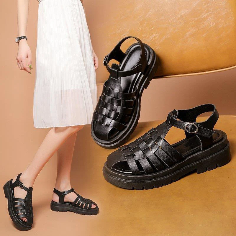 

Women's Round Toe Woven Hollow Solid Sandals 2021 Summer Soft Breathable Buckle Thick Bottom Female Fashion Shoes Size 35-40