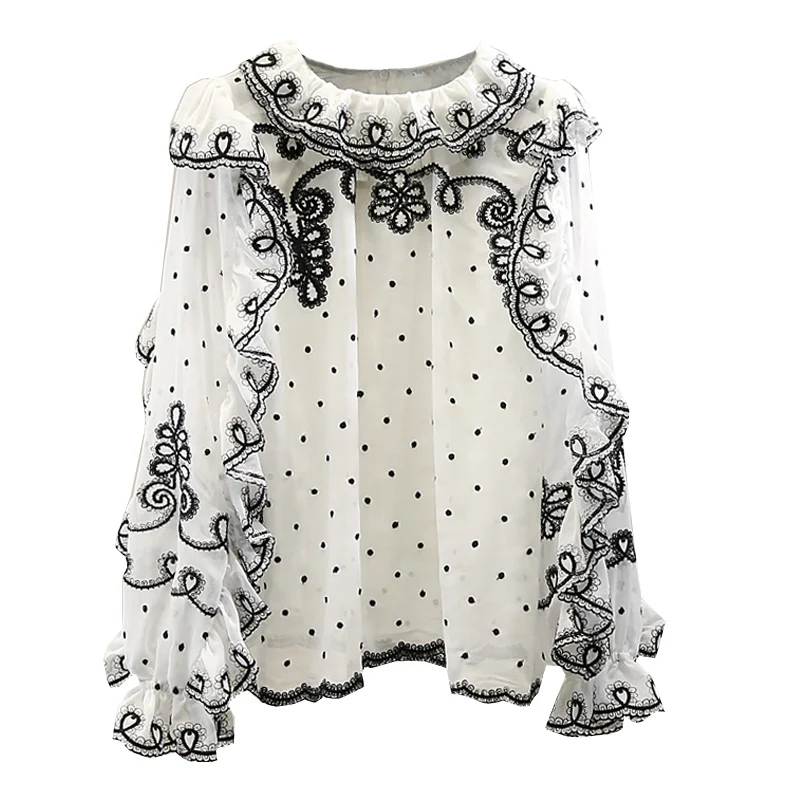

Elegant Fashion Embroidery Chiffon Blouse Fror Women 2021 Spring Summer Lady Long Sleeve Doll Collar Shirt Loose Blusas Top