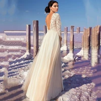 graceful wedding dresses a line v neck 34 sleeves tulle floor length backless appliques bow sash bridal gowns vestito da sposa