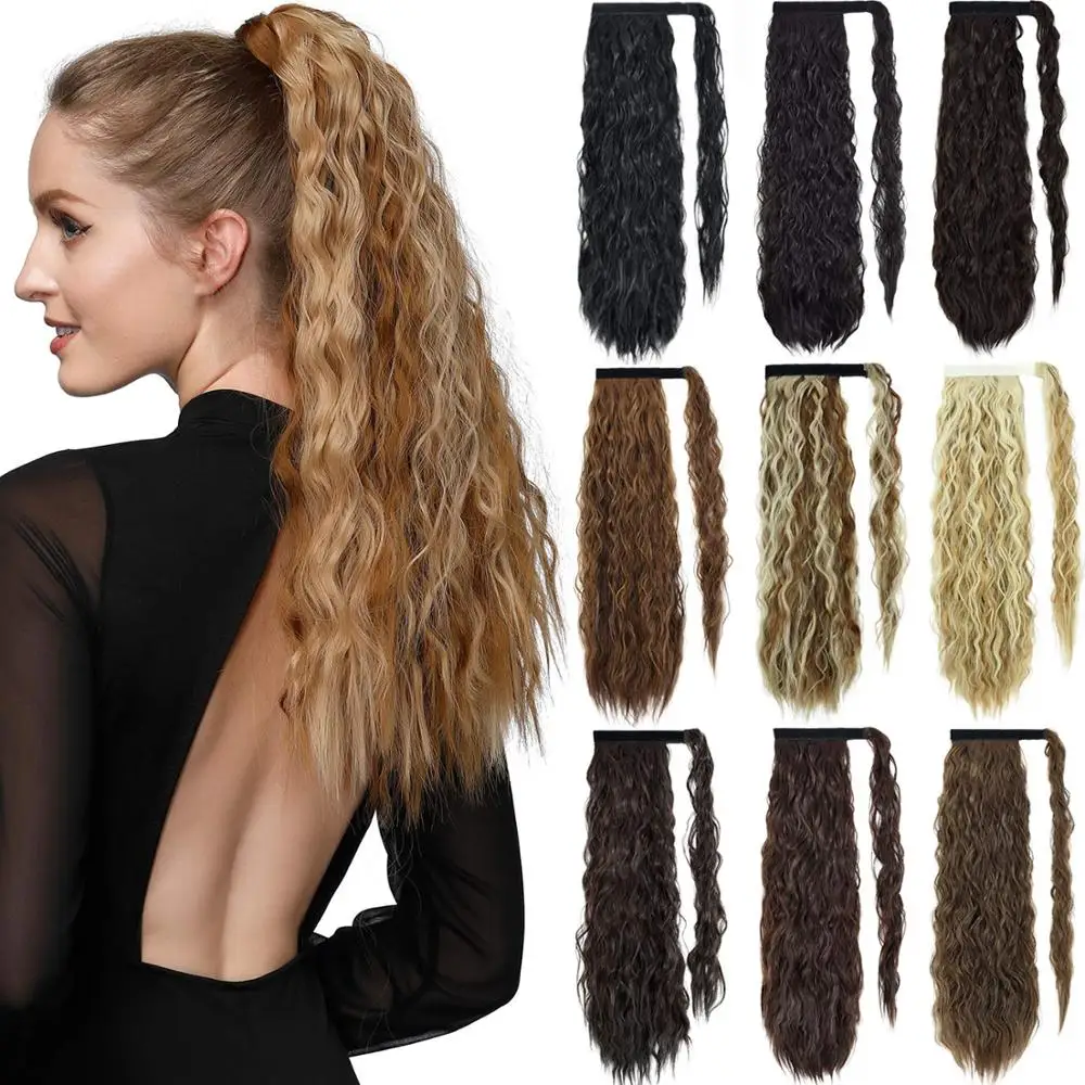 

Kong&Li Corn Wavy Long Ponytail Synthetic Hairpiece Wrap on Clip Hair Extensions Ombre Brown Pony Tail Blonde Fack Hair