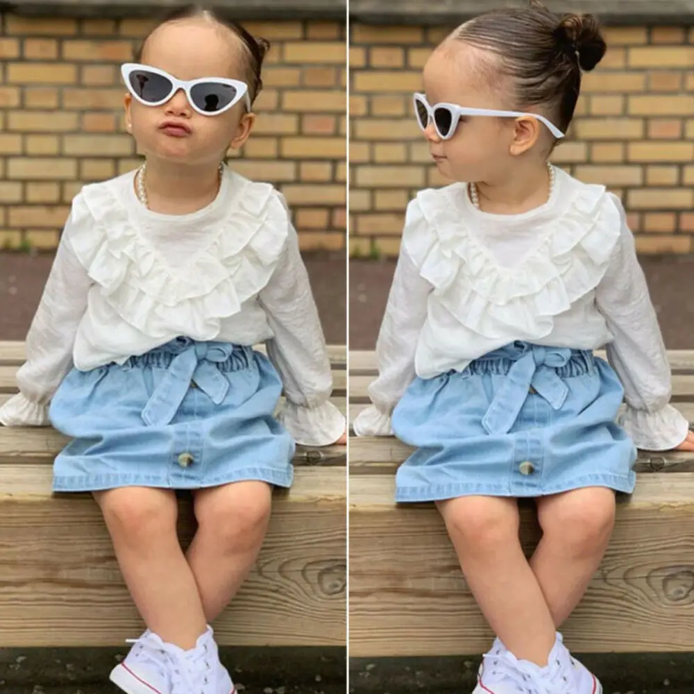 

2pcs Princess Toddler Baby Girl Long Sleeve Ruffle Tops+denim Dress Clothes Set