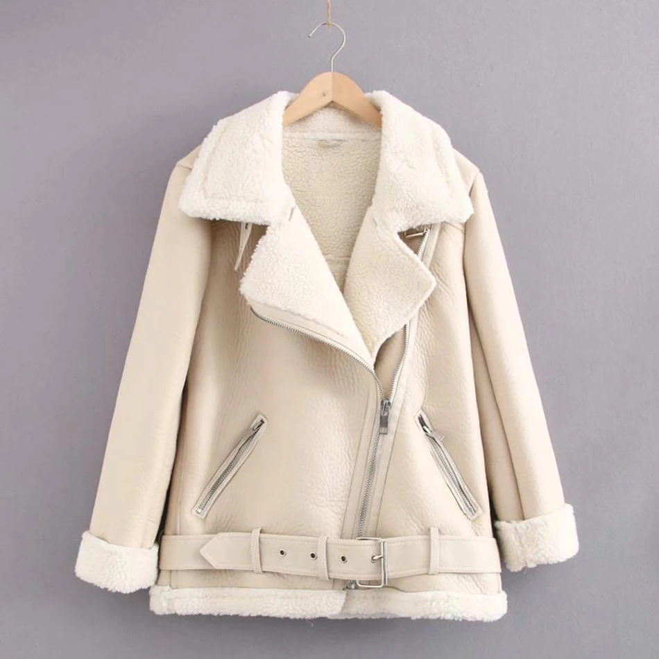 

Ailigou Women's Motorcycle Fur Faux Leather Jacket Coat with Belt Lapel Ladies Summer 2021 Thick Warm Oversized Coat