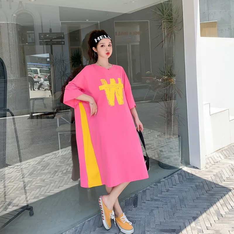 

Hit Color Long Pullover Dress Women 2020 New Summer Korean Fashion Casual Loose Plus Size tshirt Dress vestidos