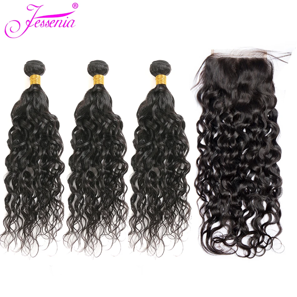 Волна воды Связки с бразильские волосы закрытием переплетения пучки Remy