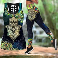 hamsa hand yoga combo outfit leggings and hollow out tank top suit sexy yoga fitness soft legging summer women for girl