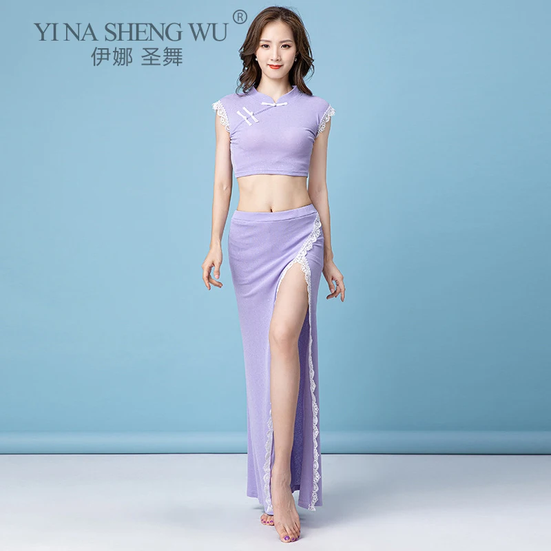 

Summer New Belly Dance Practice Clothes Cheongsam Style Sexy Show Dance Training Suit Sleeveless Top Long Split Skirt Dance New
