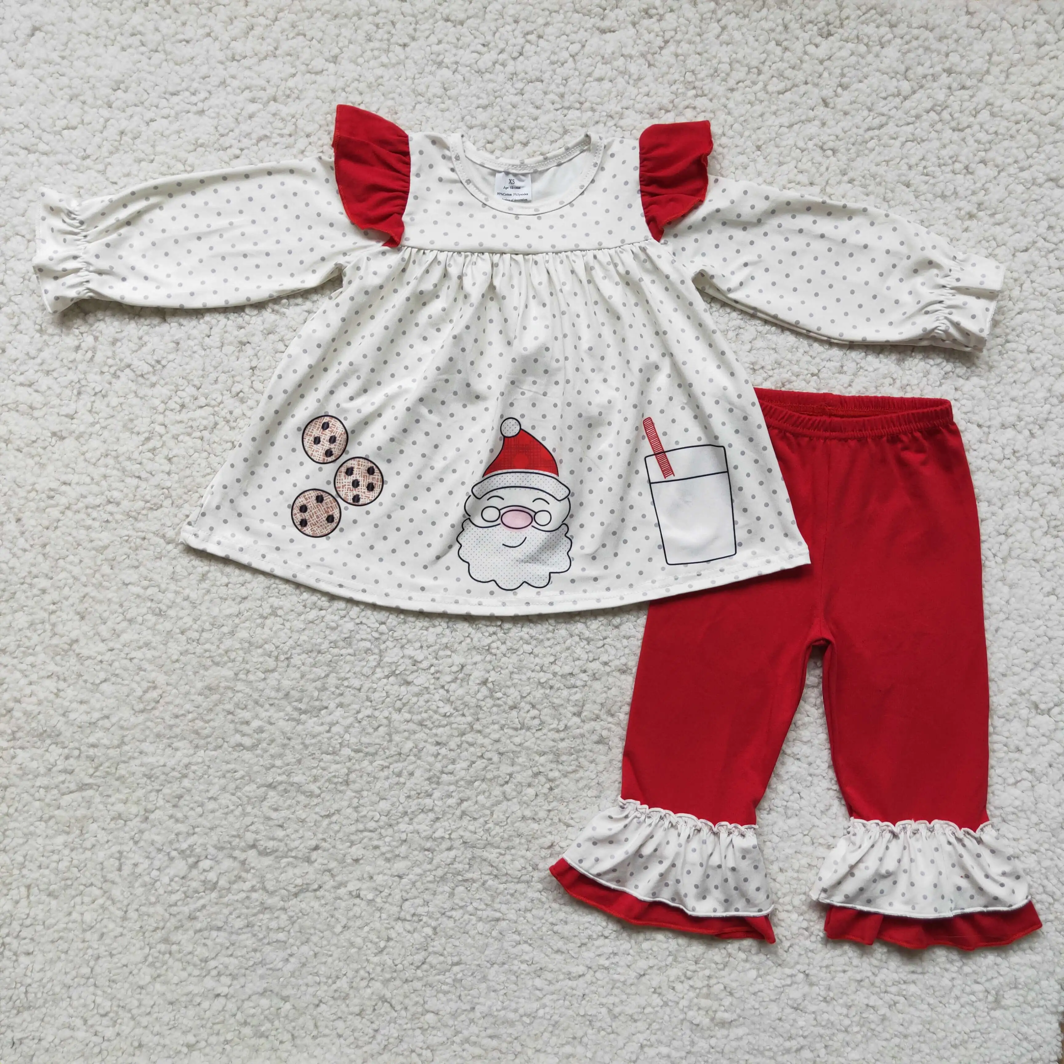 

Рождественская зимняя одежда из двух предметов, туника в молочный белый горошек, красные хлопковые брюки, Детский комплект из двух предмето...