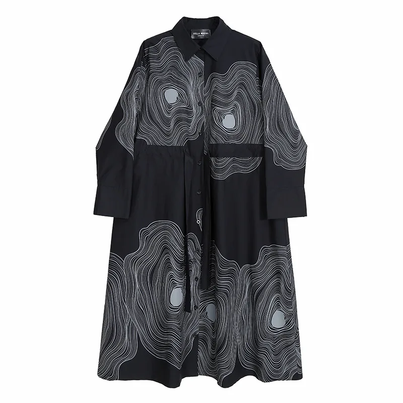 

SuperAen 2021 Spring New Abstract Print Belt Waist Turn Down Collar Full A-Line Mid-Calf Dresses for Women