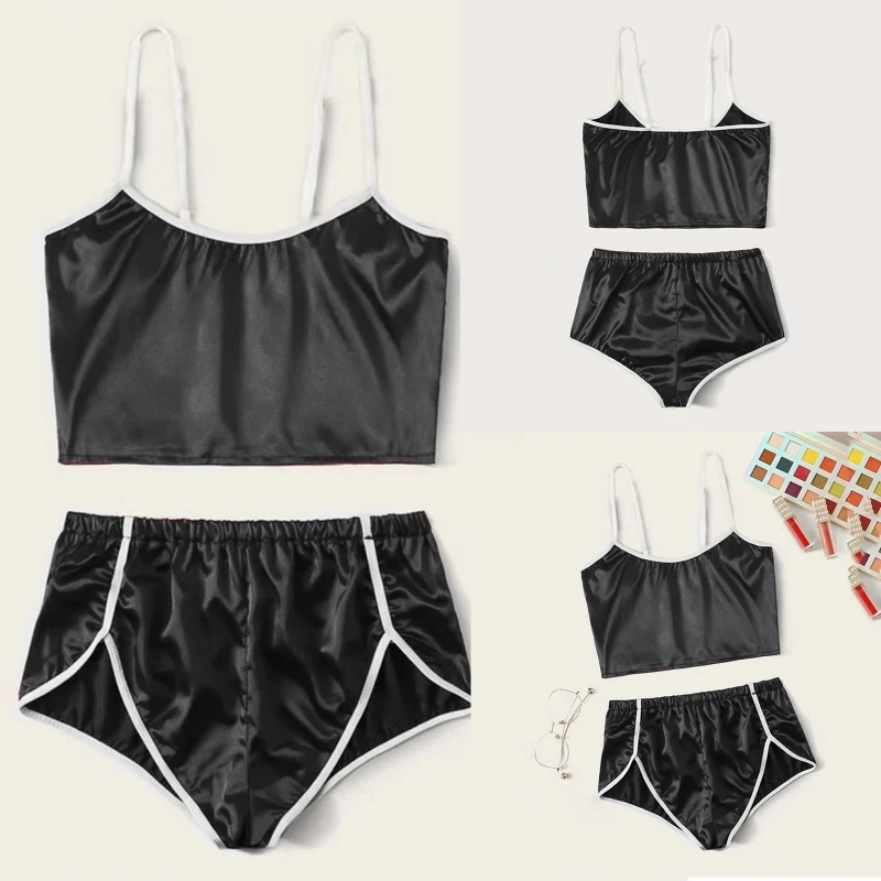 

Women Sexy Shiny Imitaiton Silk Pajamas Lingerie Set 2 Piece Spaghetti Strap Camis Top with Striped Mini Shorts Babydoll L5YB