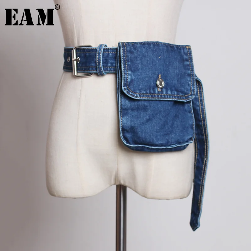 [EAM]  Blue Denim Pocket Split Joint Wide Long Belt Personality Women New Fashion Tide All-match Spring Autumn 2023 1X121