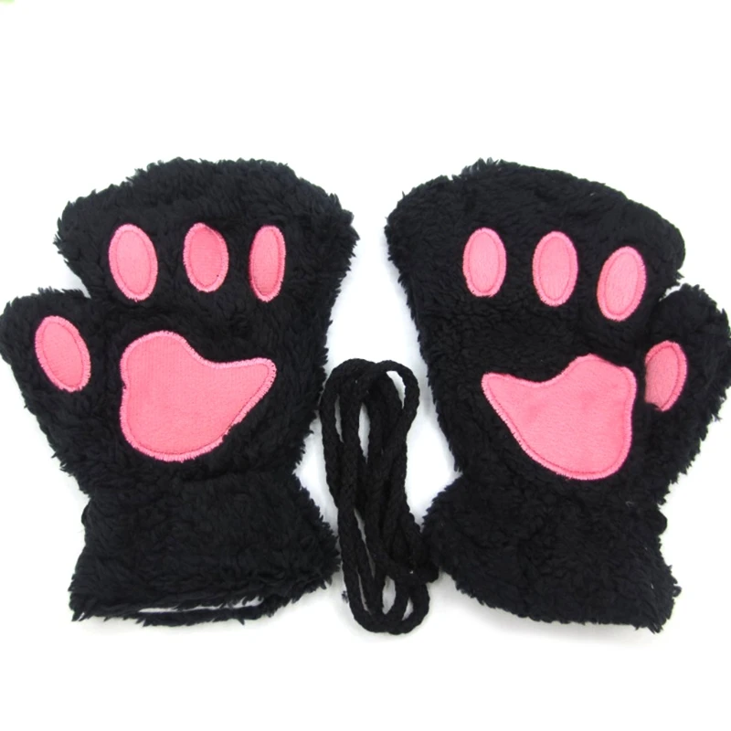 

Women Winter Warm Half Finger Gloves Cartoon Paw Plush Fingerless Mittens