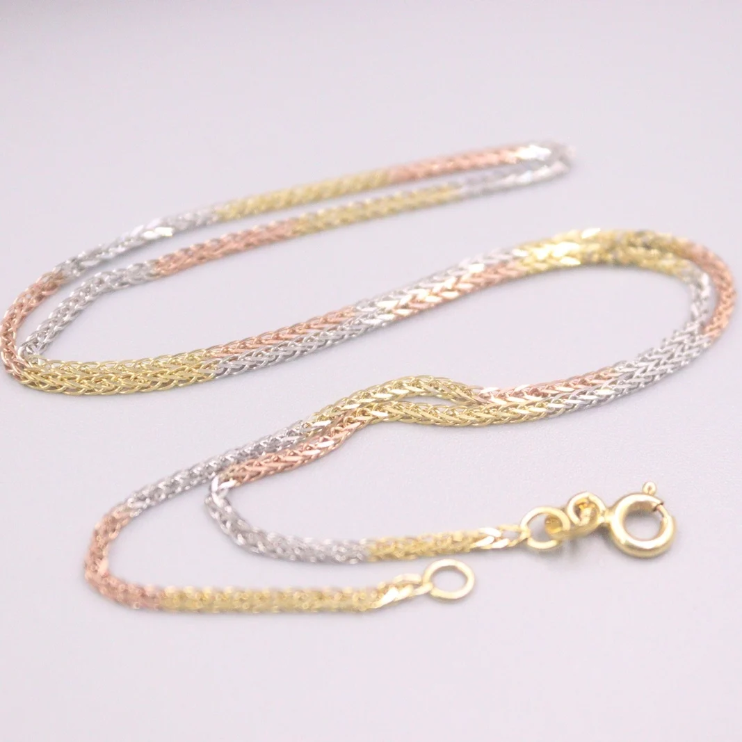 

Au750 Real 18K Multi-tone Gold Chain Neckalce For Women Female 1.2mm Color Wheat Link Choker Gold Necklace 16''L Gift