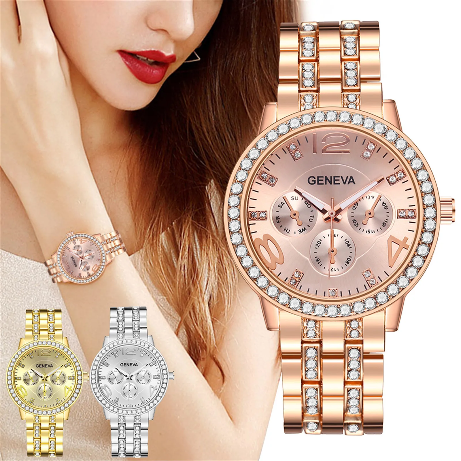 

Women Fashion Watch Clock Stainless Steel Casual Dress Wrist Crystal Jewelry Rhinestone Watch Ladies Quartz Wristwatch Bracelet