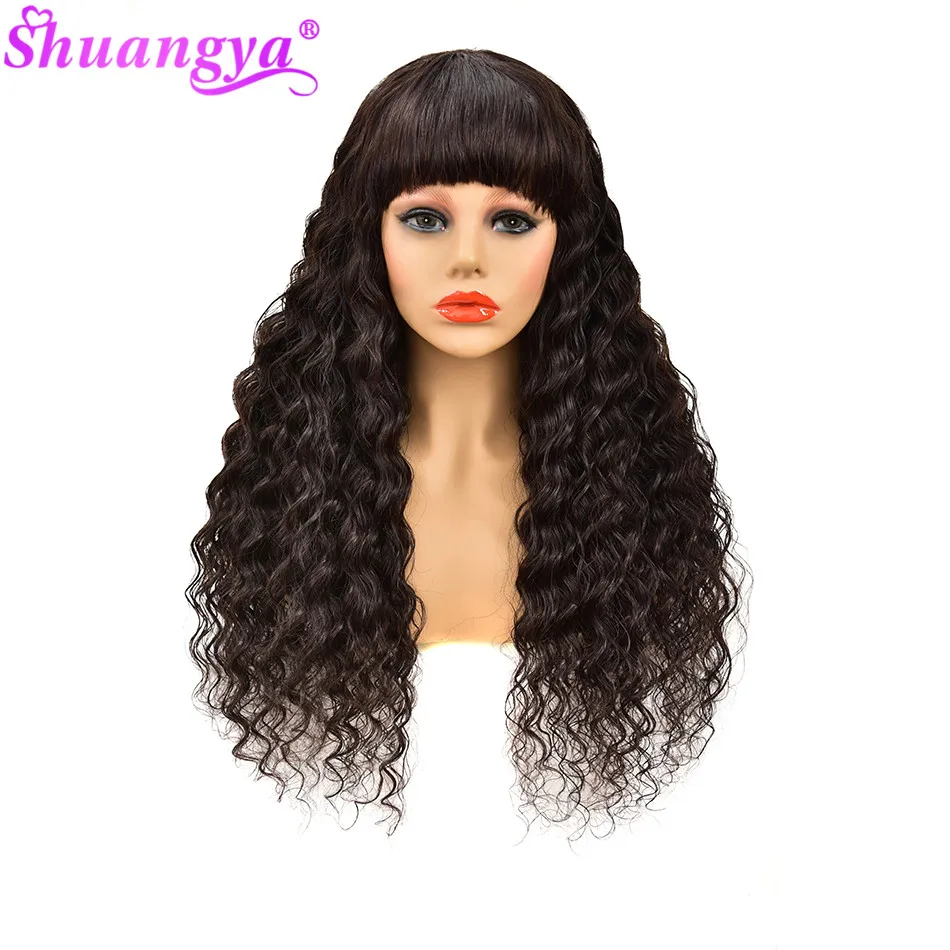 

Shuangya малазийский глубокий волнистый парик с челкой Remy, парик из человеческих волос, полный машинный парик для женщин, черный натуральный цв...