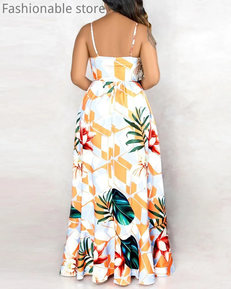 

Women Sexy Spaghetti Strap Deep V Neck Backless Print Maxi Dress