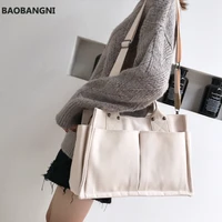 women casual canvas shoulder bag ladies exterior pockets crossbody bags solid thick cotton cloth purses and handbags for girls