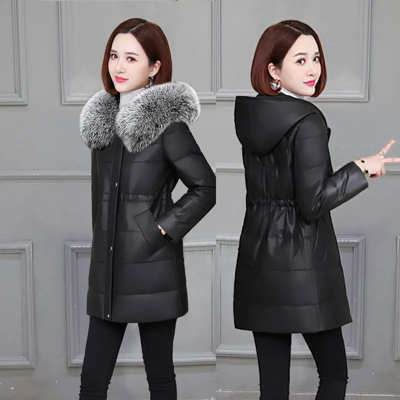 

Winter Fashion PU Faux Leather Cotton Down Jacket Women Fox Fur Collar Hooded Padded Coat Femme Top Mid-Length Parkas G1466